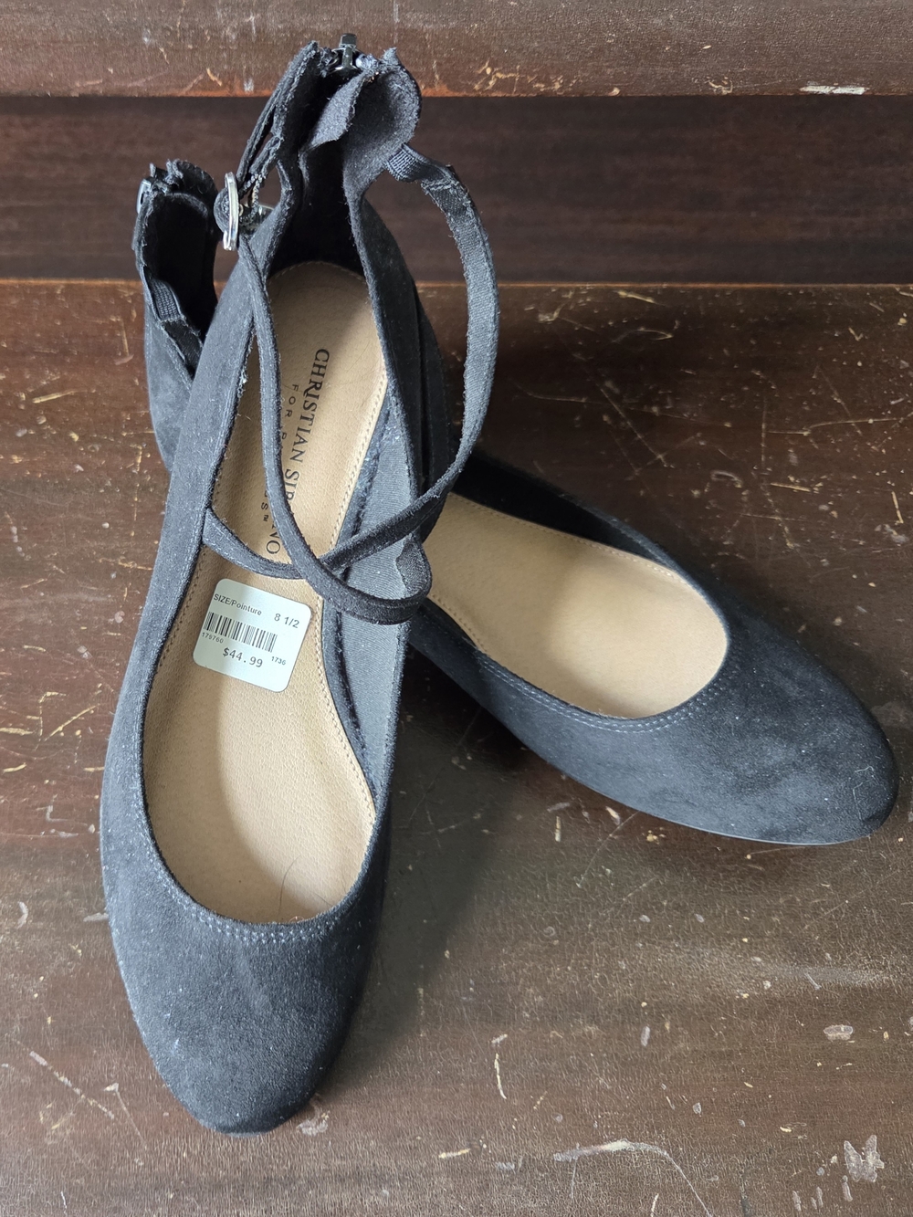Christian Siriano Black Suede Ankle-Strap Flats with Wrap Tie